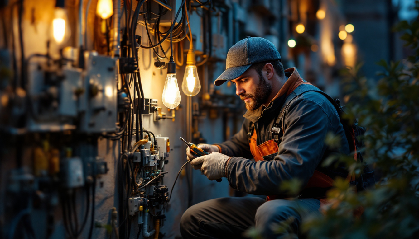 A photograph of a technician inspecting an outdoor gang box with tools in hand