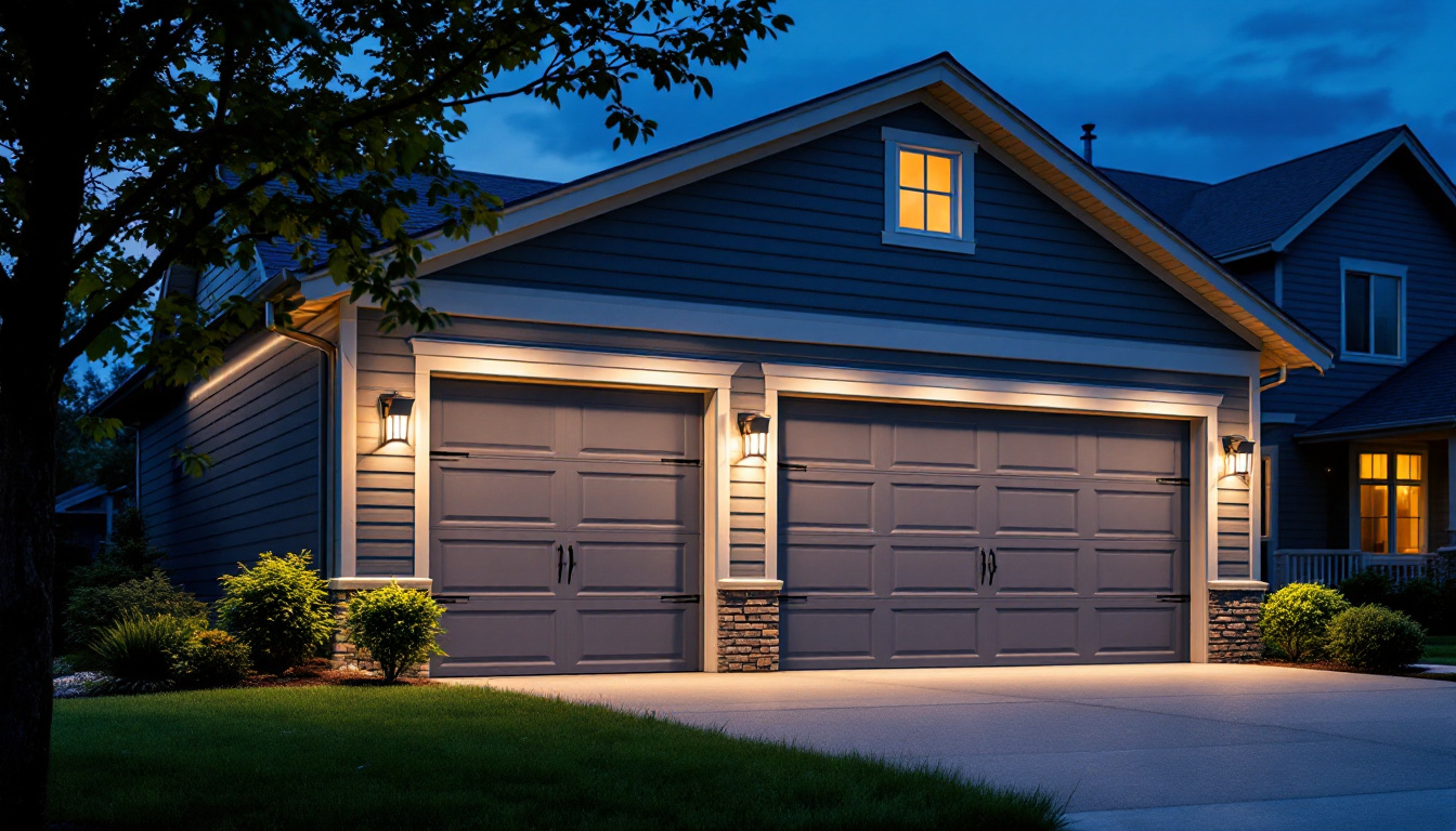 A photograph of a well-lit garage exterior at dusk