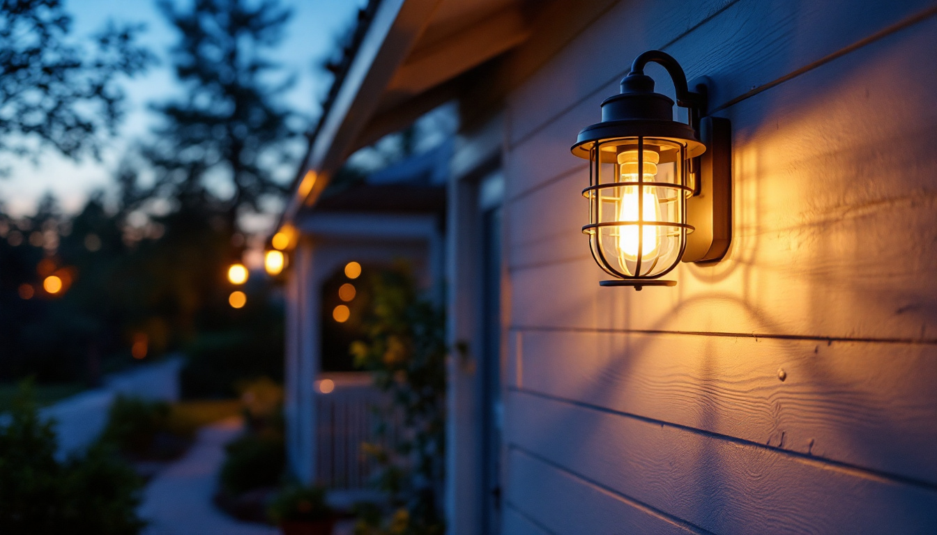 A photograph of a beautifully designed outdoor front porch light fixture illuminating a cozy porch setting at dusk