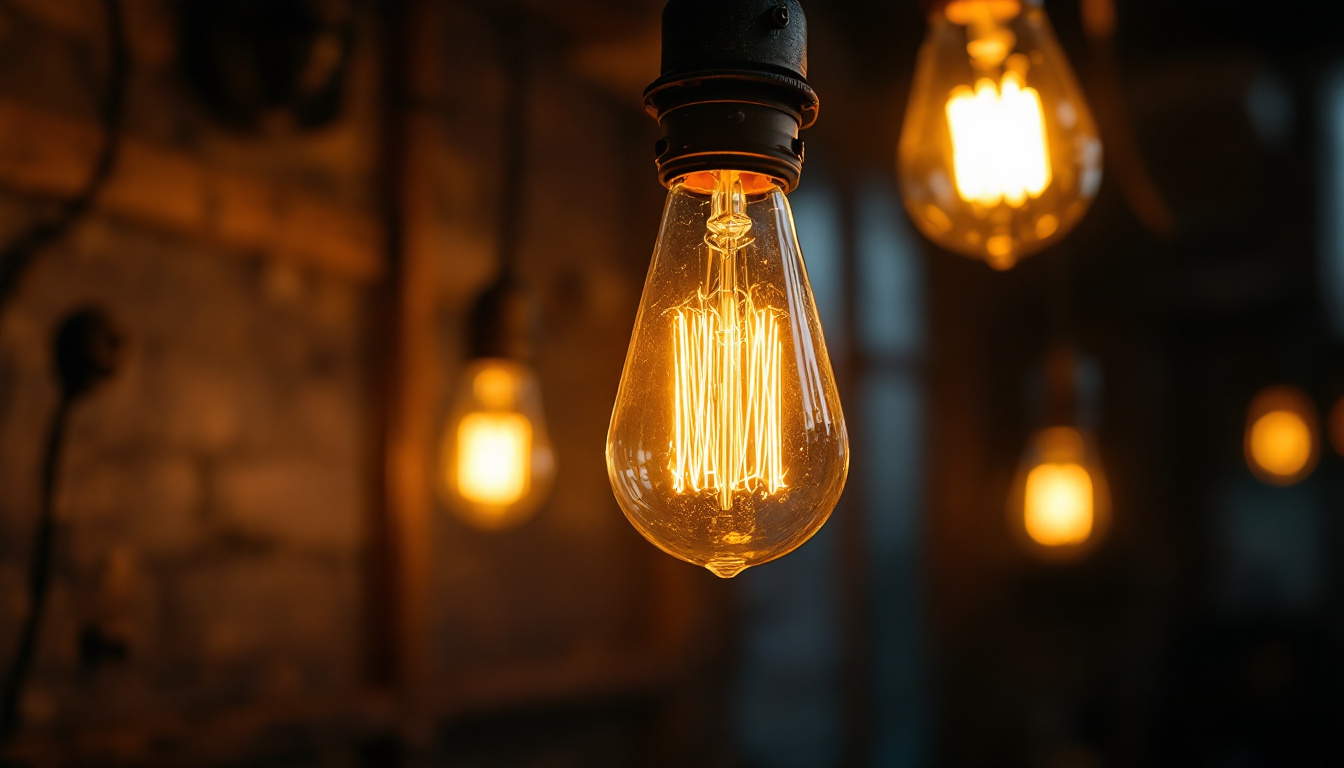 A photograph of a vintage light bulb glowing warmly in a dimly lit setting