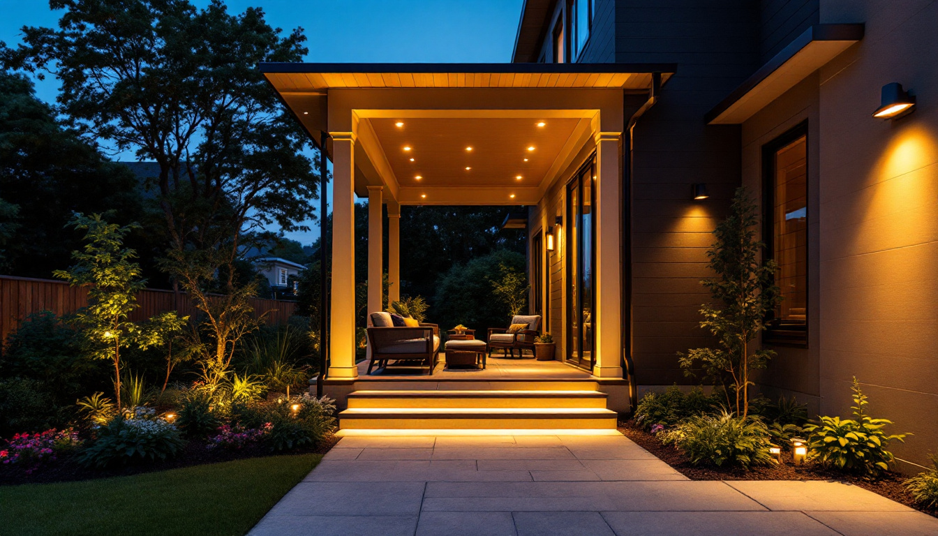 A photograph of a beautifully designed porch illuminated by recessed lights at dusk