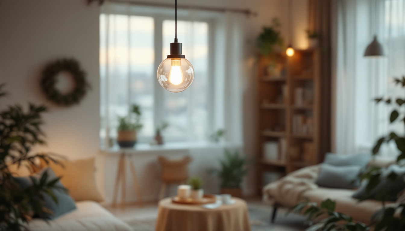 A photograph of capture a photograph of a stylish individual hanging light fixture in a cozy