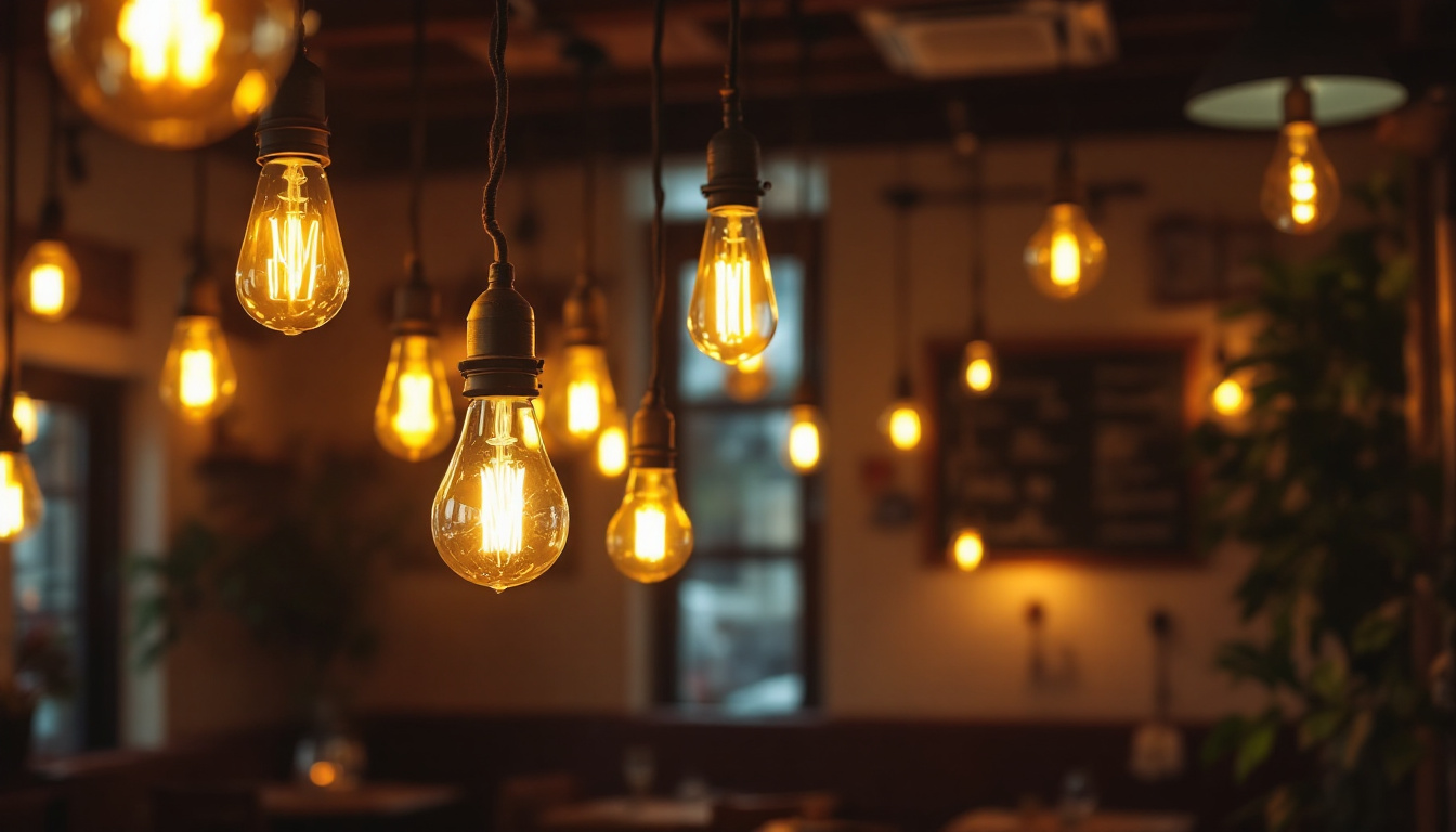 A photograph of a cozy restaurant interior featuring various lighting fixtures