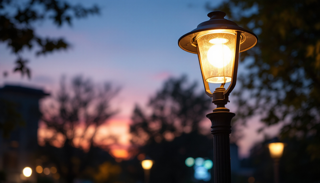 A photograph of a striking lamp on a pole illuminated at dusk