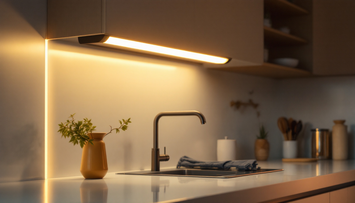 A photograph of a modern kitchen illuminated by stylish fluorescent fixtures