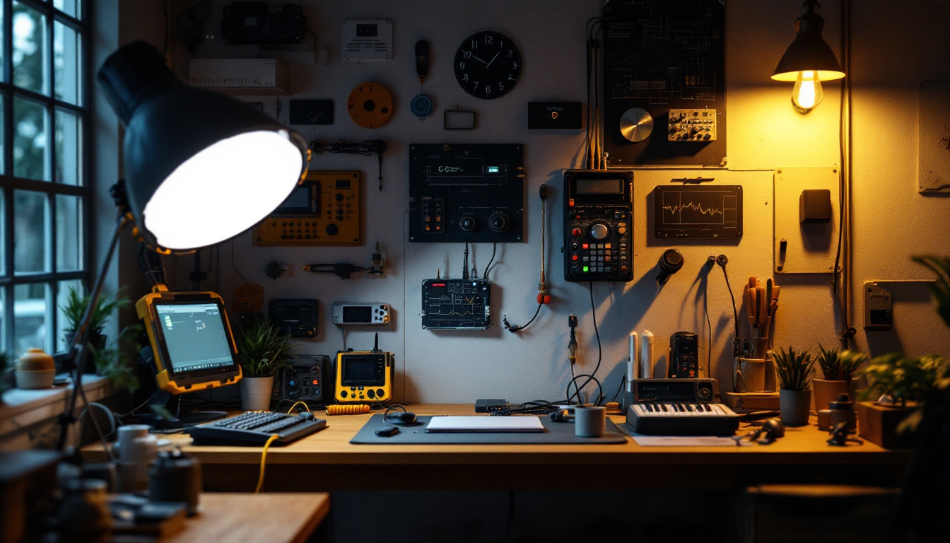 A photograph of a well-lit workspace showcasing both direct and indirect lighting effects on various electrical engineering tools and components