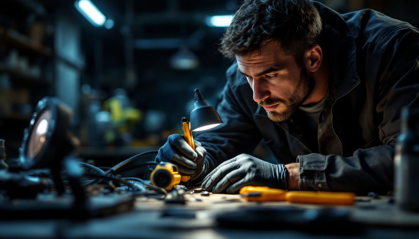 A photograph of a technician inspecting a corded work light in a dimly lit workshop
