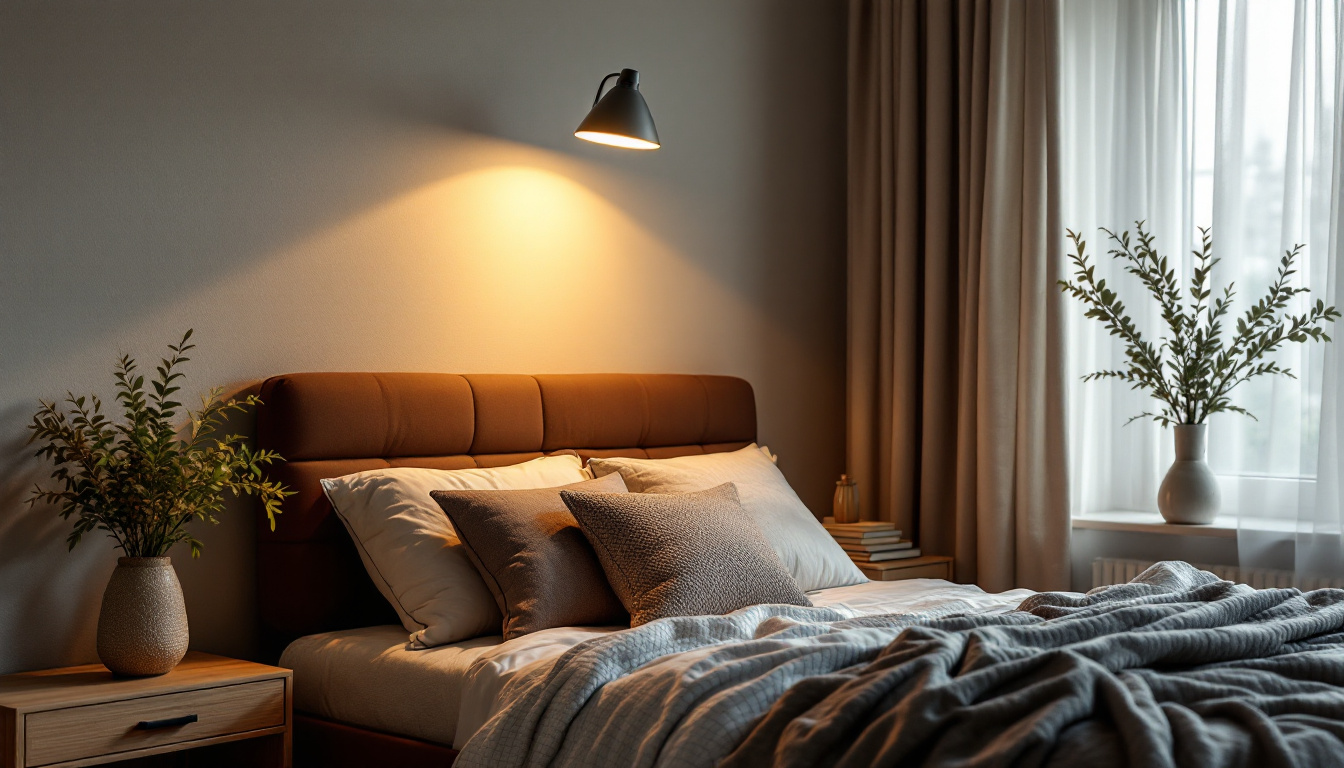 A photograph of a beautifully styled bedroom featuring a stylish lamp above the bed