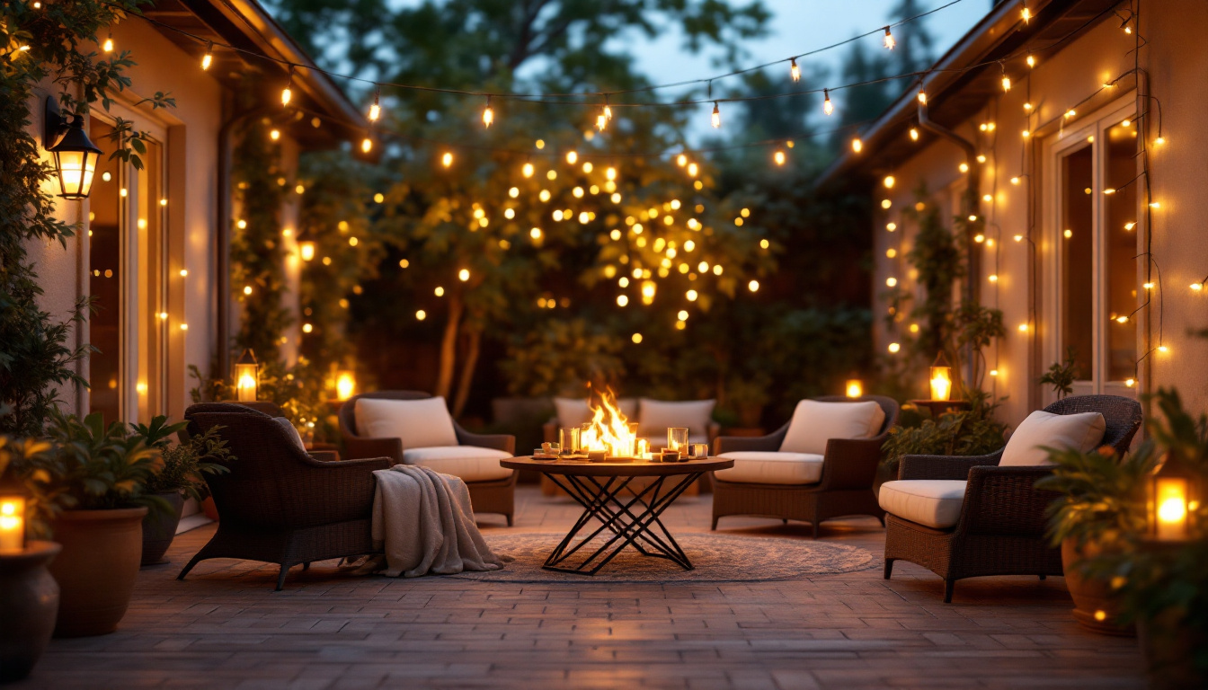 A photograph of a beautifully arranged outdoor setting illuminated by warm led strand lights