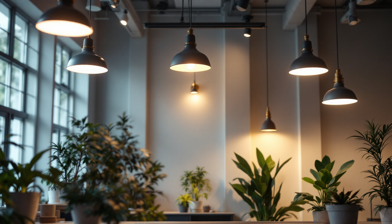 A photograph of a well-lit indoor space showcasing a variety of lighting fixtures in use