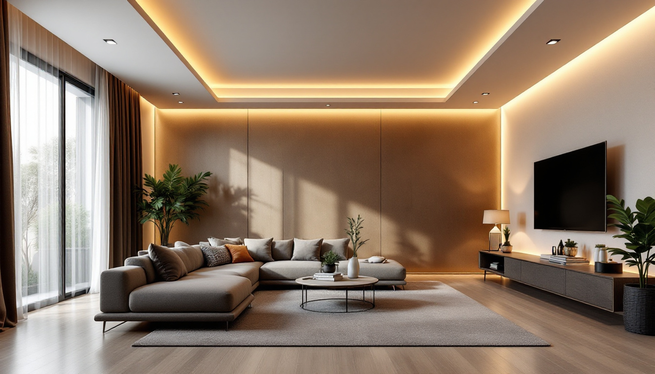 A photograph of a beautifully designed living room featuring stylish recessed lighting