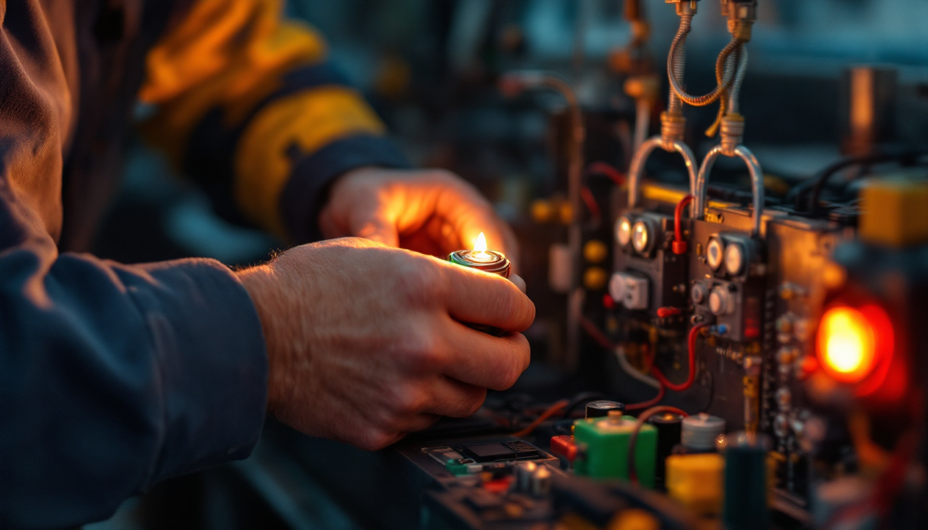 A photograph of a close-up shot of a technician skillfully changing the battery in an emergency light