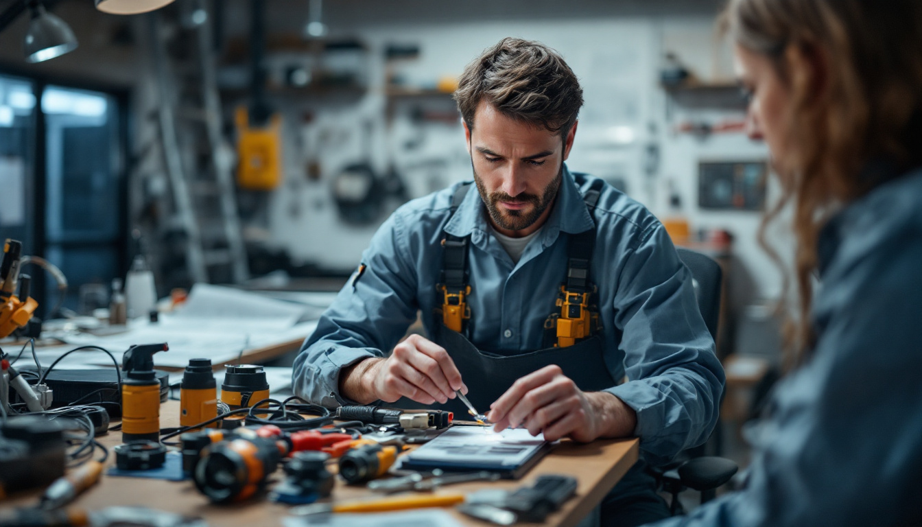 A photograph of a skilled electrical engineer examining a variety of light cords and connectors
