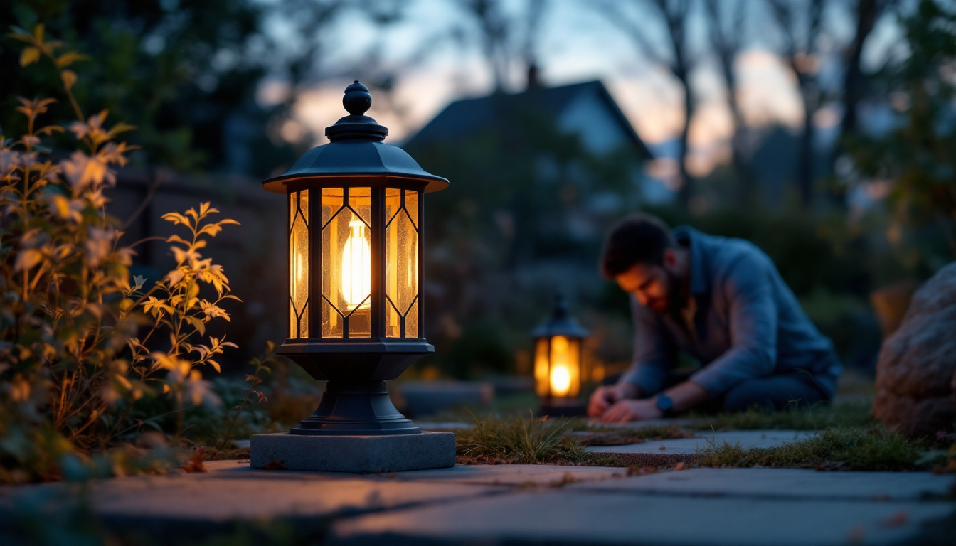 A photograph of a beautifully designed outdoor light lantern in a natural setting