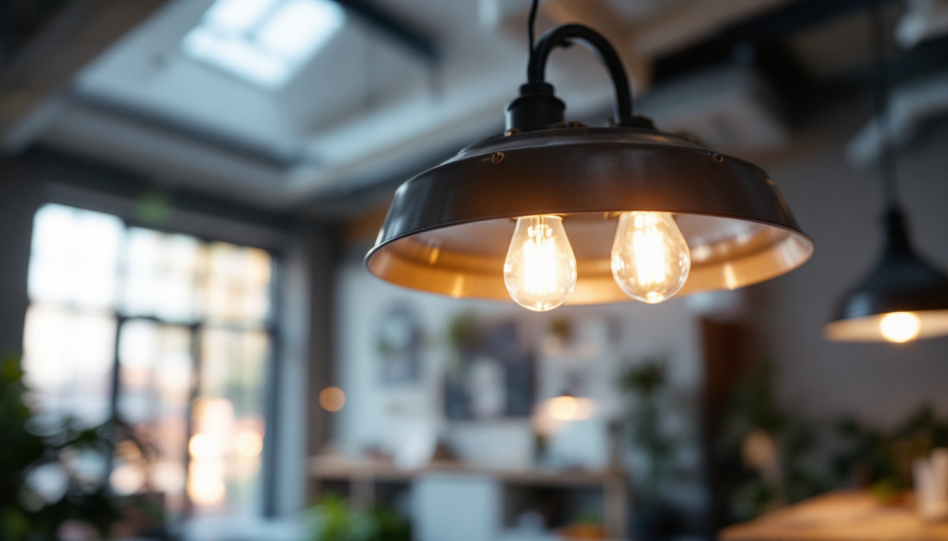 A photograph of a modern industrial ceiling light fixture in a well-lit space