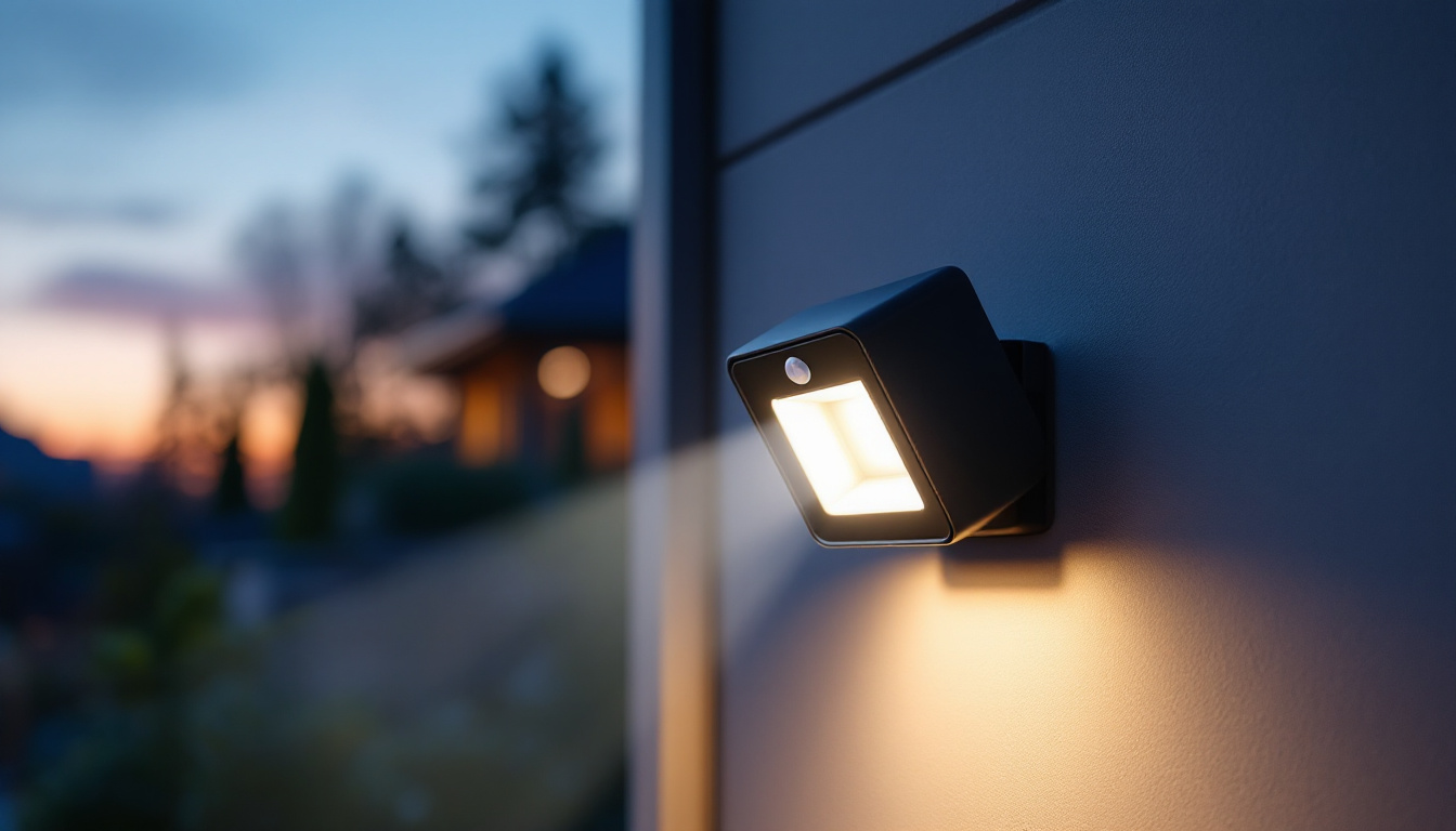 A photograph of a sleek floodlight motion sensor installed on a modern home exterior