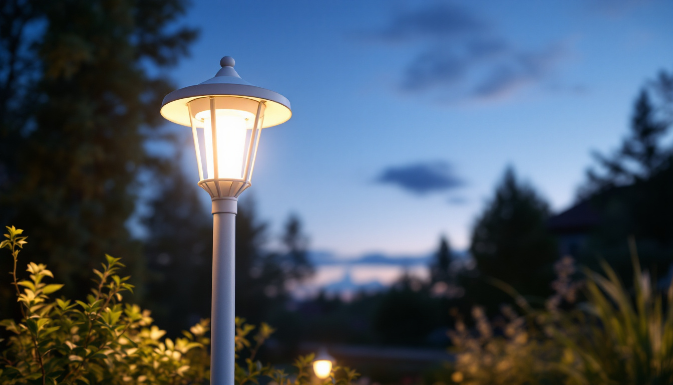 A photograph of a stylish white outdoor lamp post illuminating a serene garden or pathway at dusk