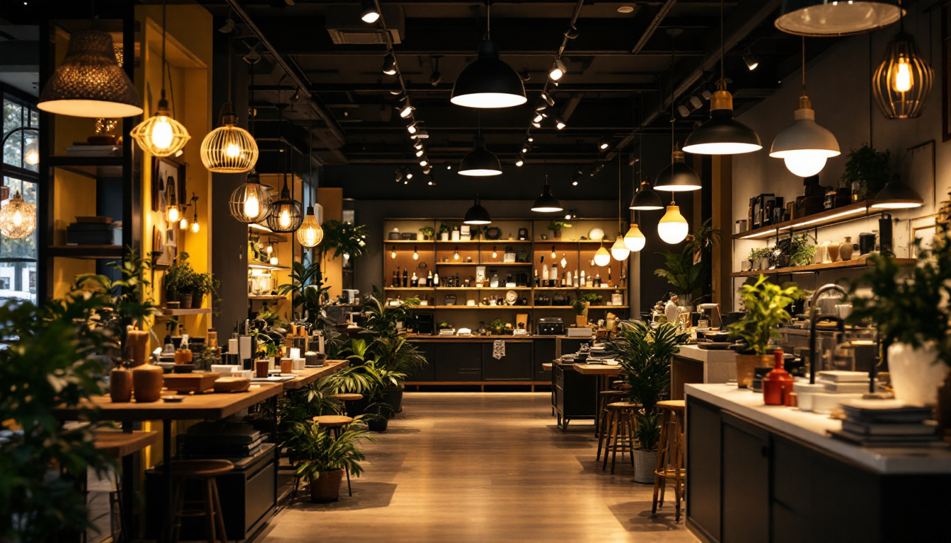 A photograph of a well-lit retail space showcasing various lighting fixtures in use