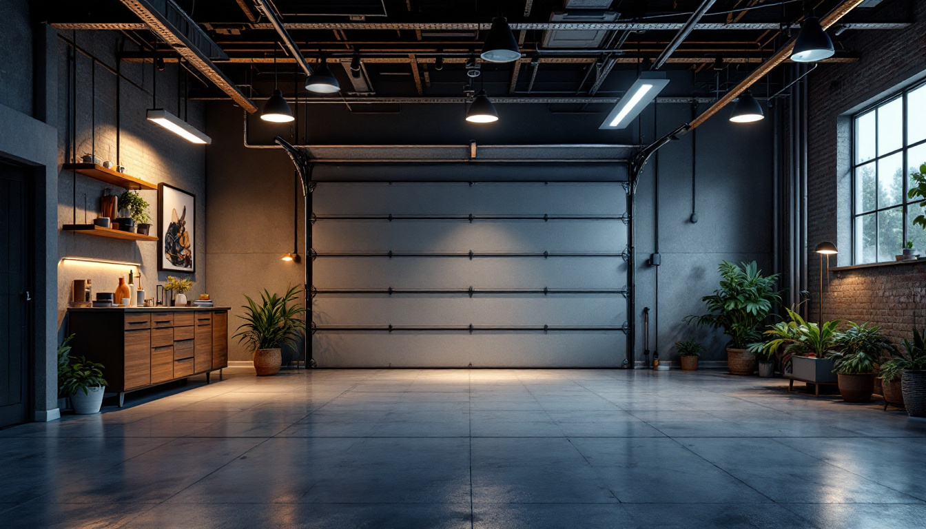 A photograph of a beautifully designed garage illuminated by a variety of innovative lighting fixtures