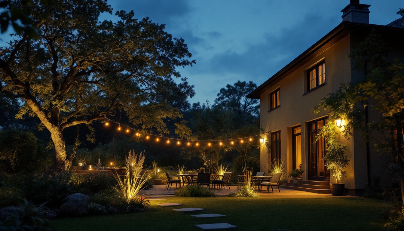 A photograph of a beautifully illuminated outdoor space featuring solar-powered dusk-to-dawn flood lights in action