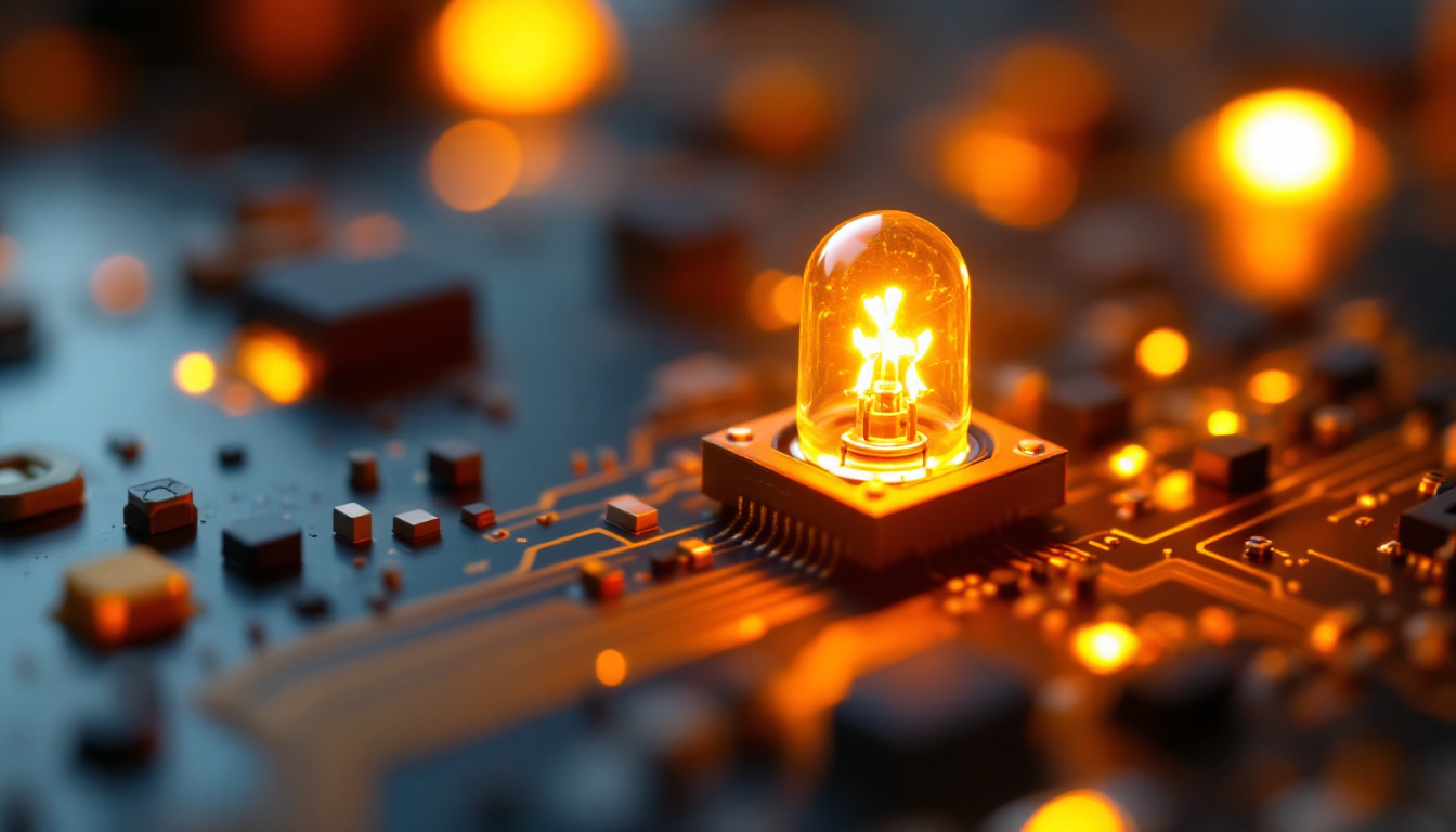 A photograph of a close-up shot of a glowing amber led light integrated into a circuit board