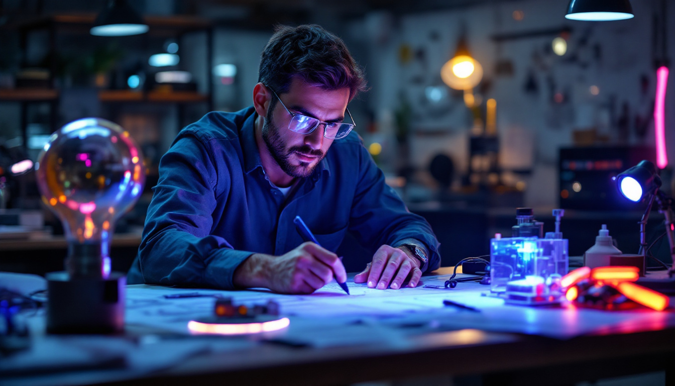 A photograph of a well-lit workspace featuring an electrical engineer examining various ultraviolet light sources