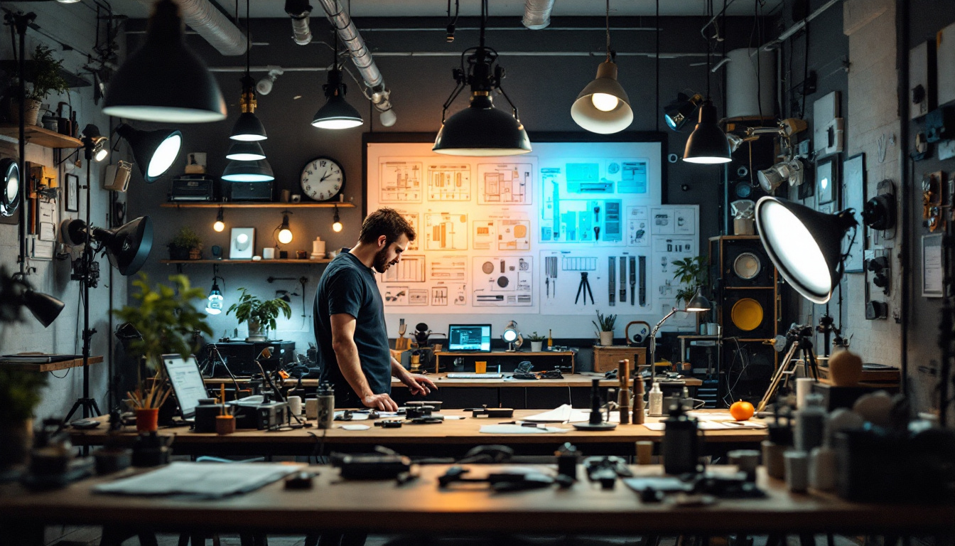 A photograph of a well-organized workspace featuring a lighting designer or technician actively engaged in a project