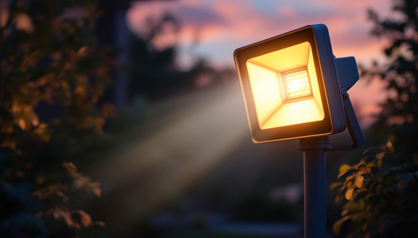 A photograph of a solar-powered flood light illuminating a landscaped outdoor area at dusk