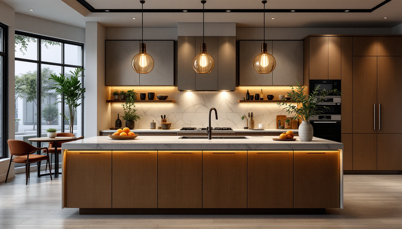A photograph of a beautifully designed large kitchen island featuring stylish and functional lighting fixtures