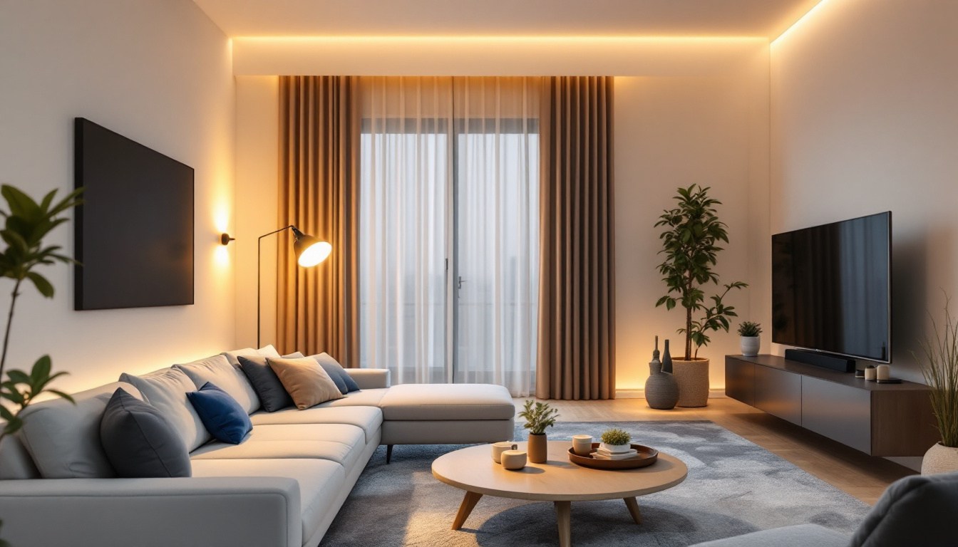 A photograph of a modern living space featuring smart lighting control systems in action