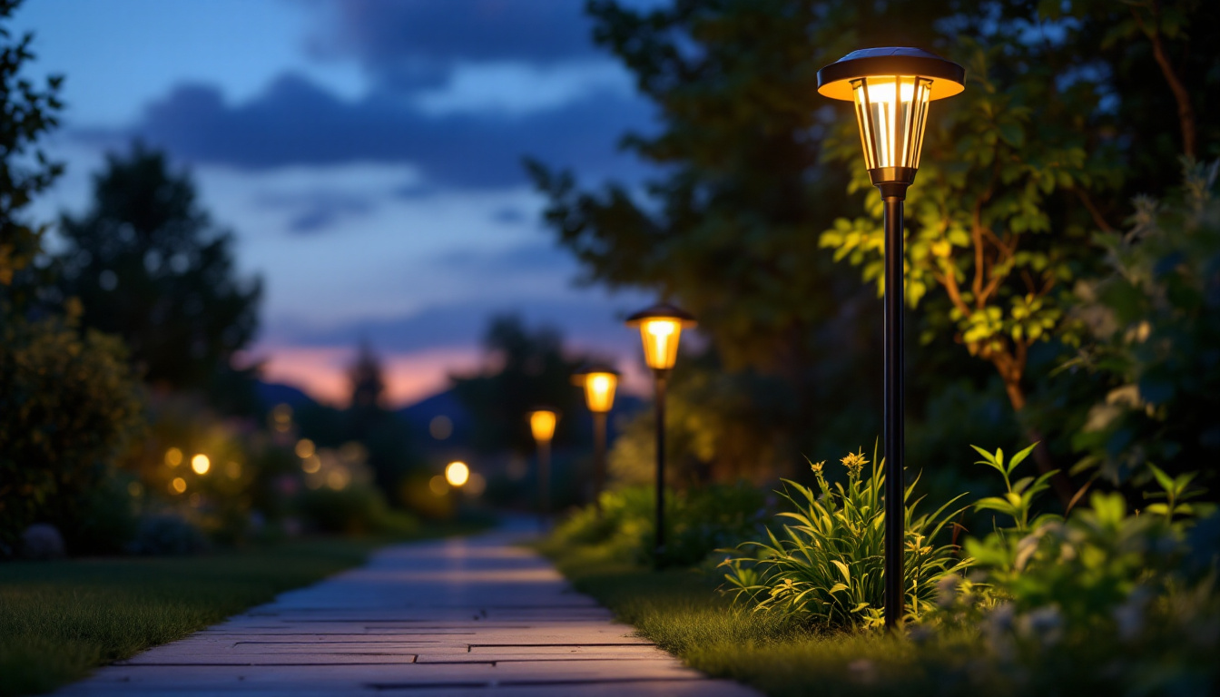 A photograph of a well-lit outdoor scene featuring tall solar lights illuminating a garden or pathway at dusk