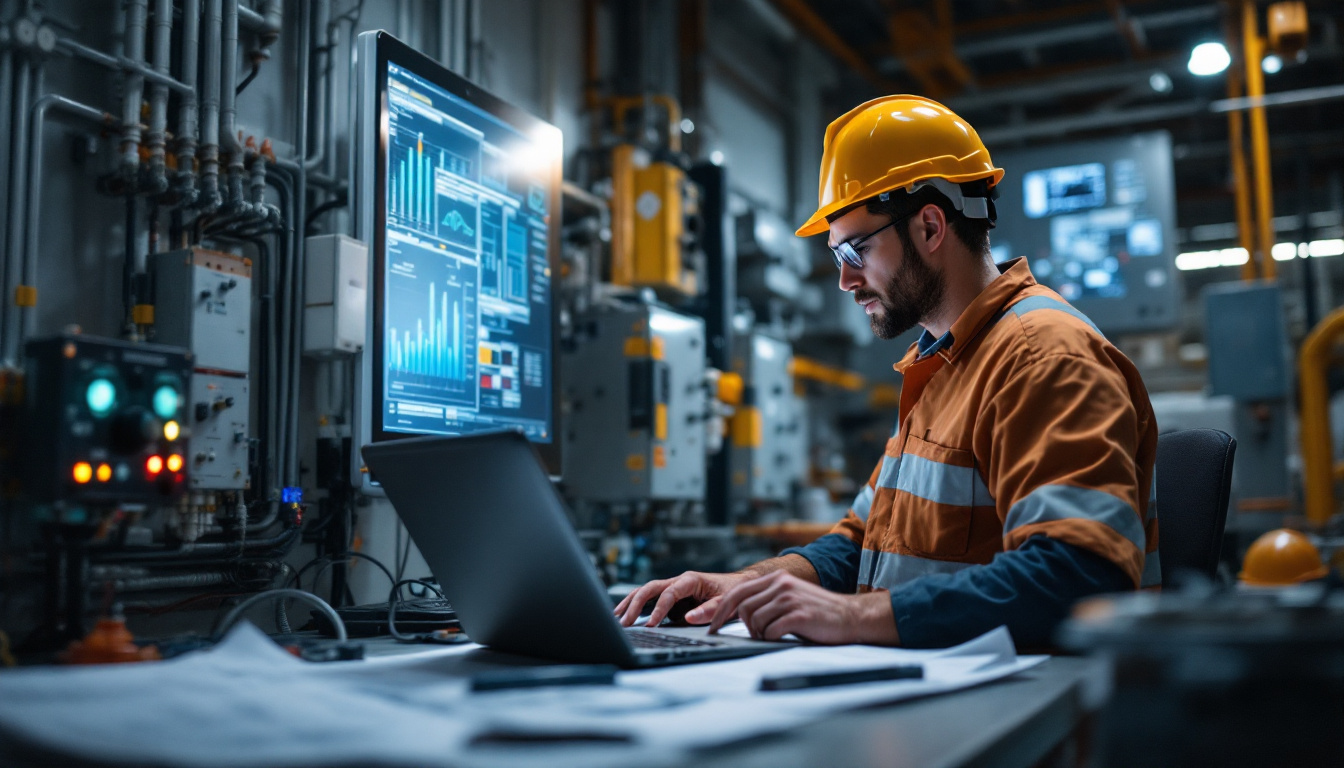 A photograph of capture a photograph of an electrical engineer at work inside a general electric distribution center
