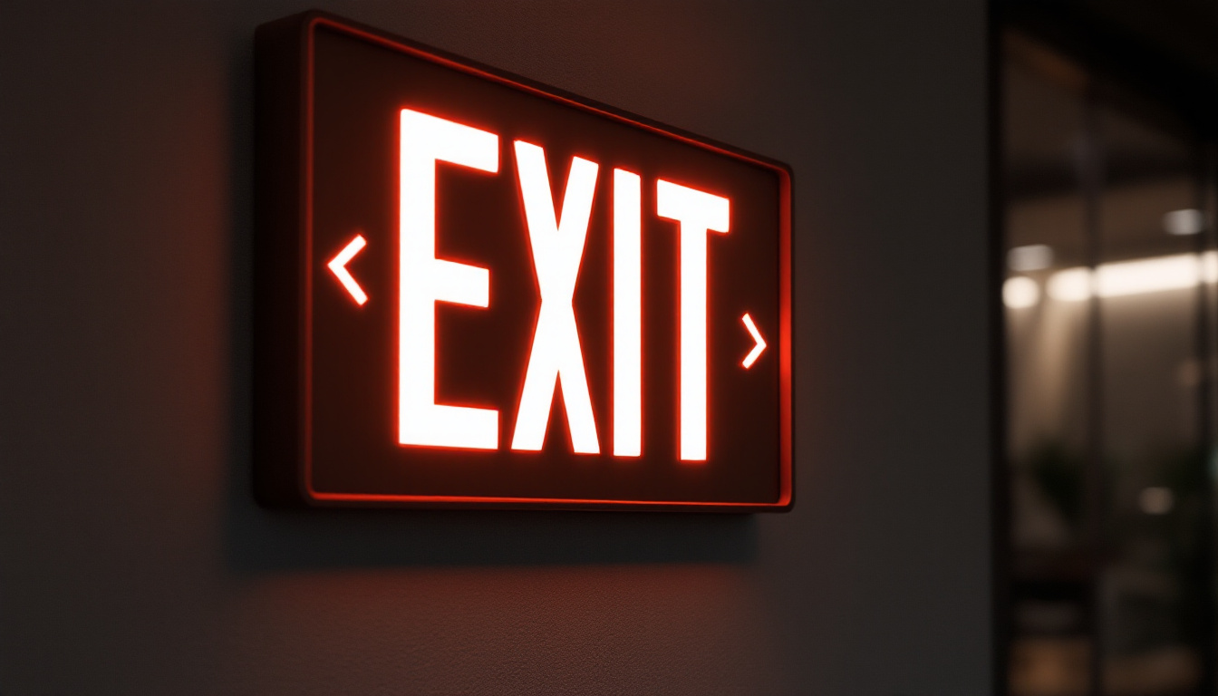 A photograph of a well-lit edge-lit led exit sign prominently displayed in a commercial setting