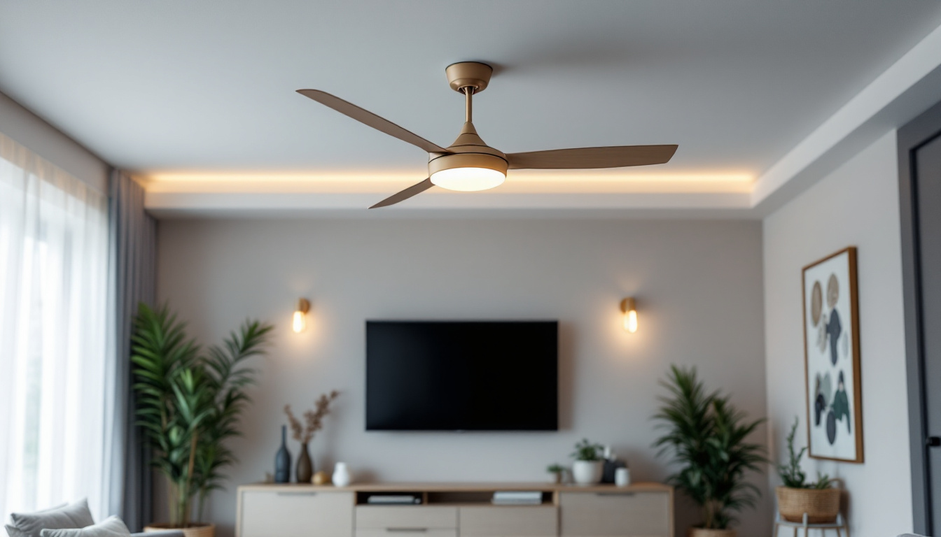 A photograph of a stylish ceiling fan with integrated lighting controls