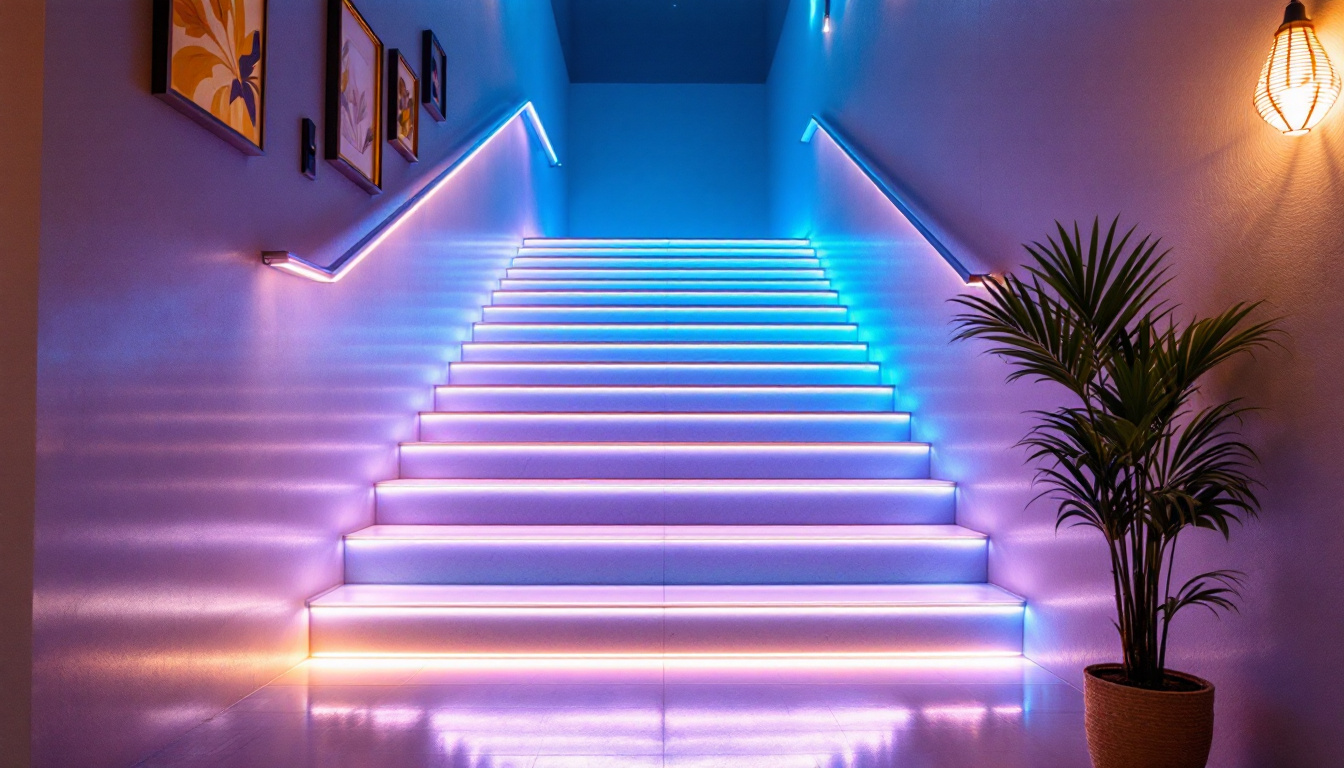 A photograph of a beautifully illuminated indoor staircase featuring energy-efficient led lights