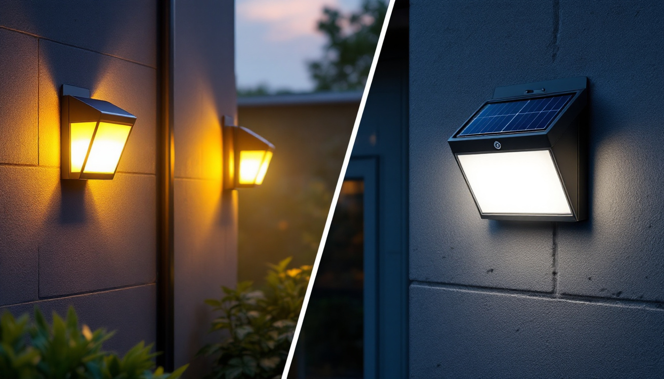 A photograph of a side-by-side comparison of industrial and commercial solar wall mount lights installed in an outdoor setting