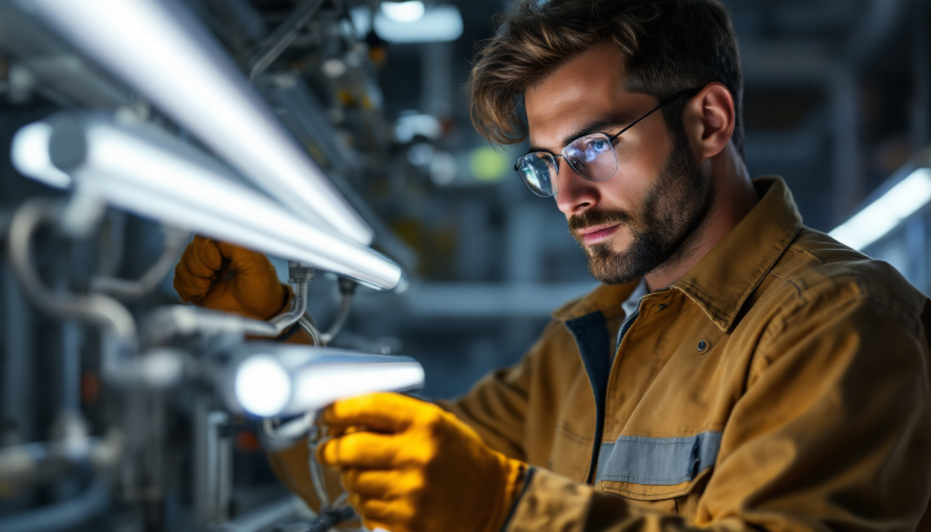 A photograph of a skilled electrical engineer examining a series of modern lighting tubes in a well-lit workshop