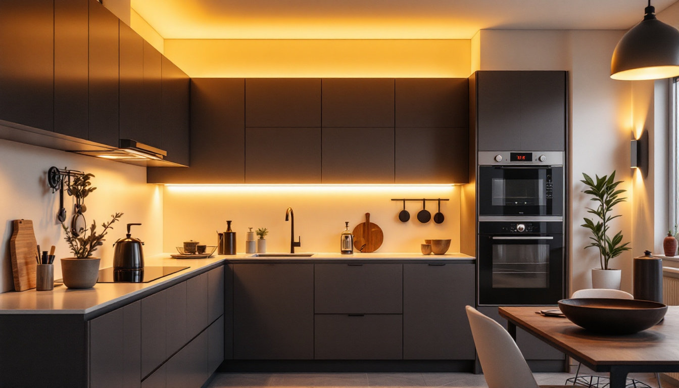 A photograph of a modern kitchen featuring sleek led cupboard lights illuminating the cabinetry