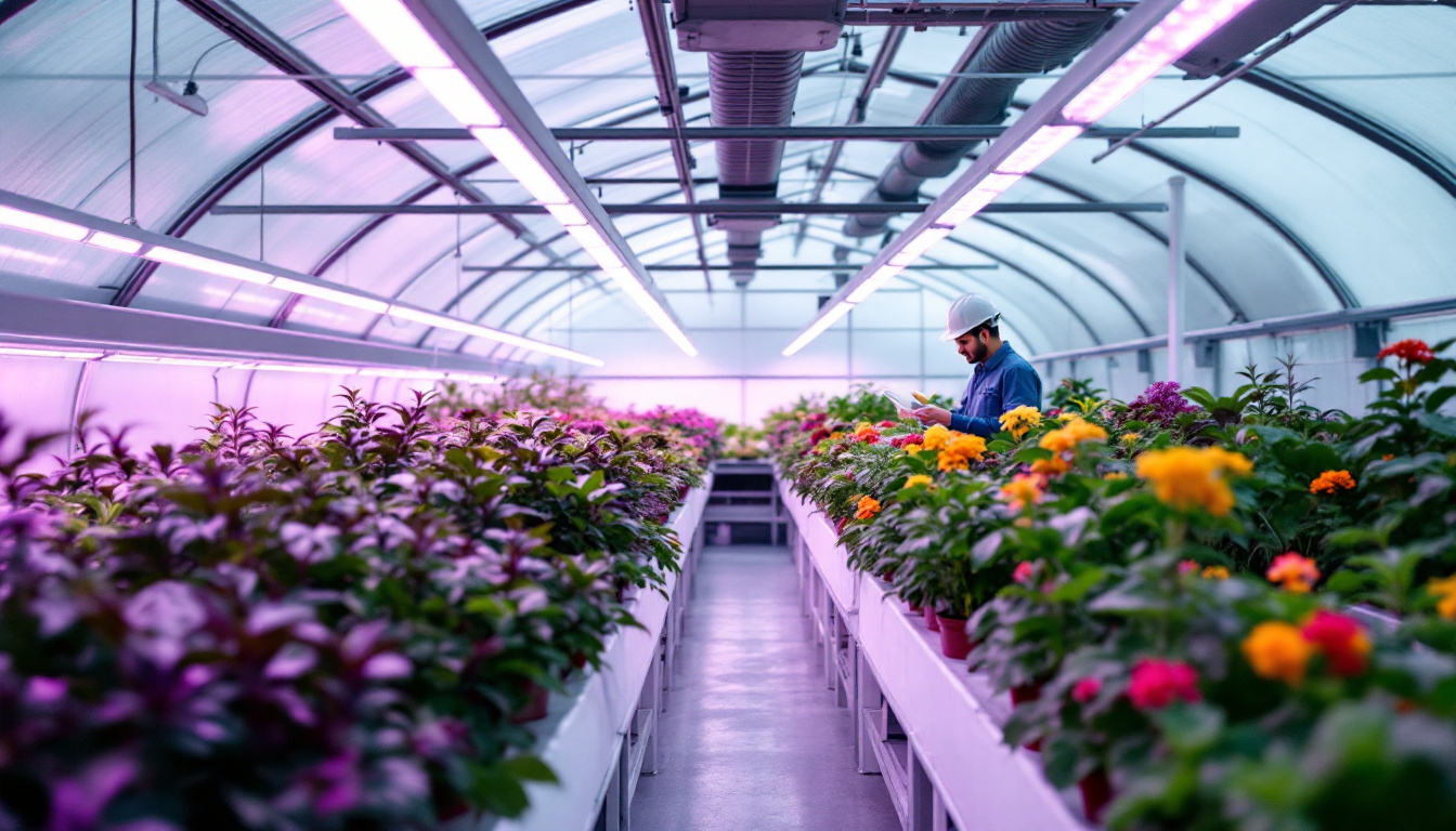 A photograph of a well-designed greenhouse interior showcasing various lighting solutions