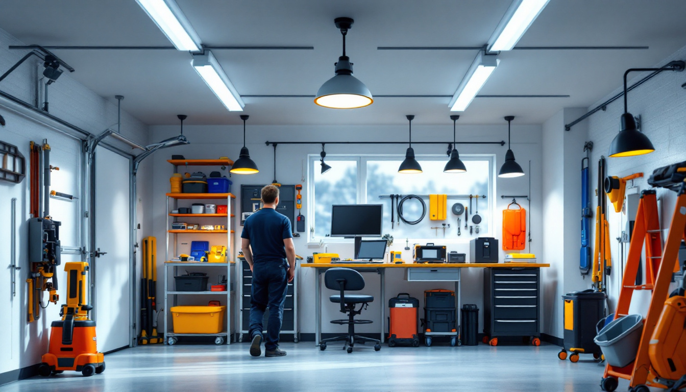 A photograph of a well-lit garage interior showcasing various types of garage lighting fixtures