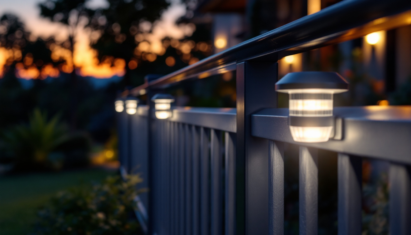 A photograph of a beautifully illuminated outdoor railing featuring solar-powered lights at dusk