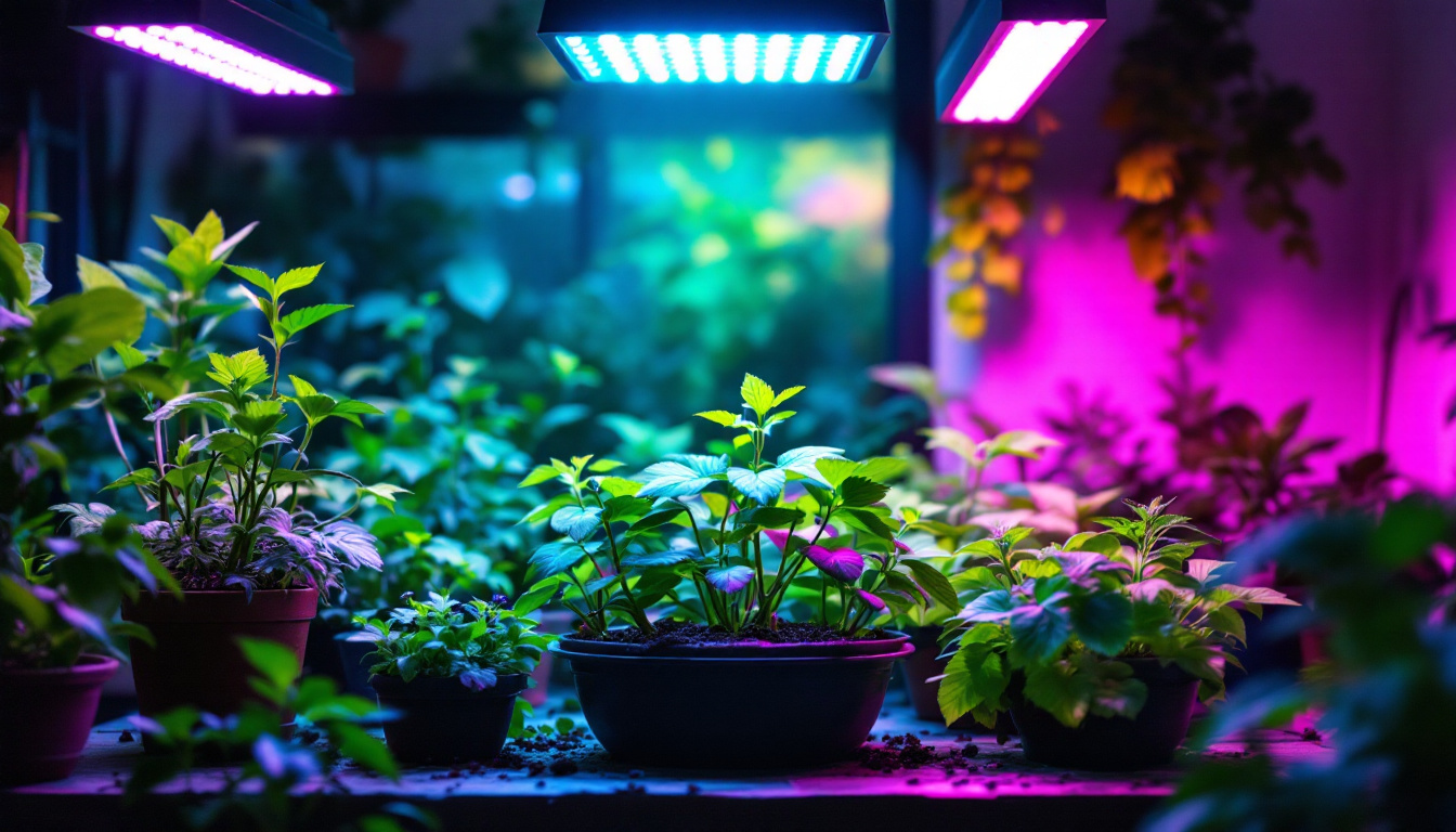 A photograph of a vibrant indoor garden scene illuminated by various types of grow lights