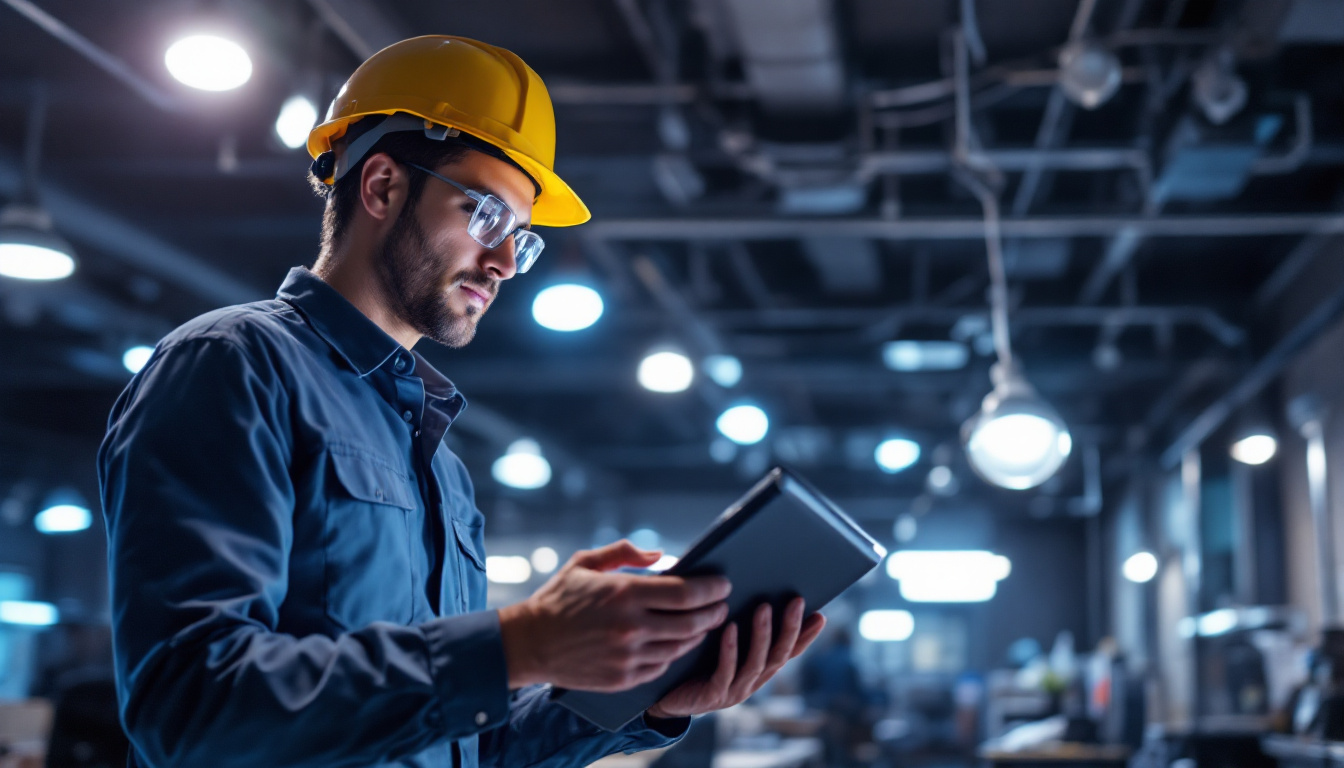 A photograph of a lighting engineer examining or installing a high-quality ballast system in a modern commercial lighting setup