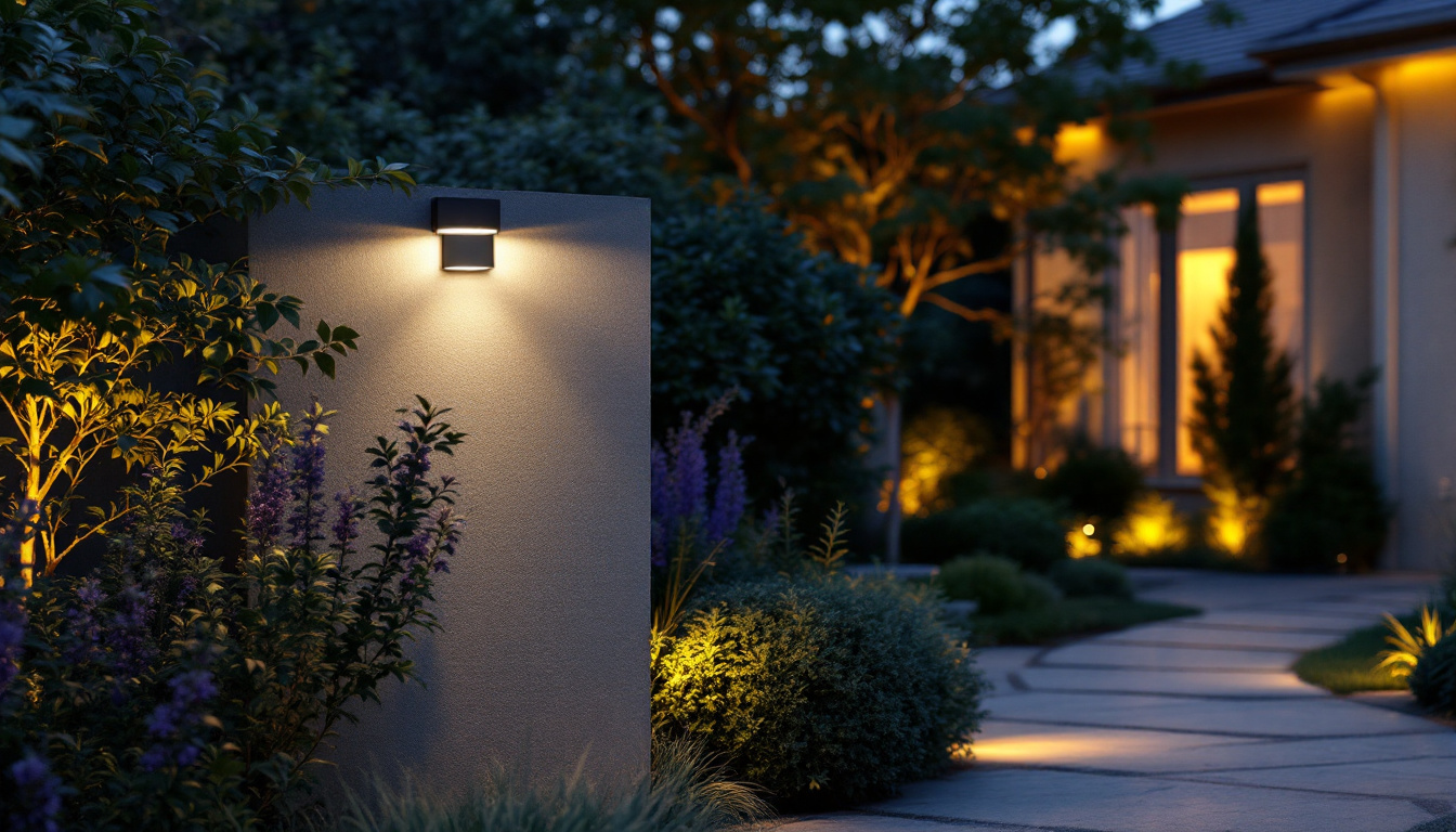 A photograph of a sleek wireless outdoor motion light installed in a beautifully landscaped garden at dusk