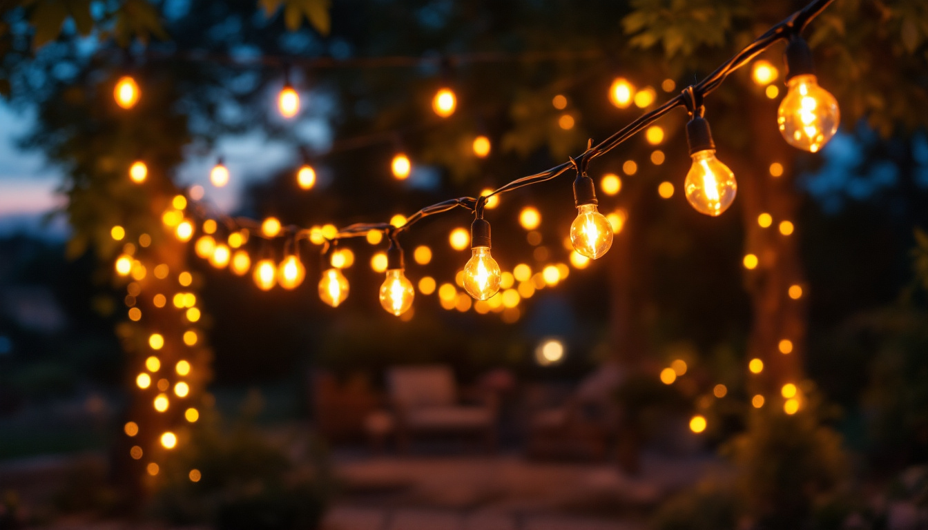 A photograph of a beautifully lit outdoor space adorned with string led lights
