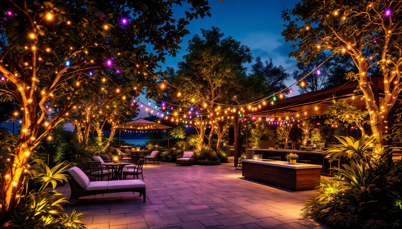 A photograph of a beautifully illuminated outdoor space featuring an array of colorful led light strings draped elegantly across trees and patio areas
