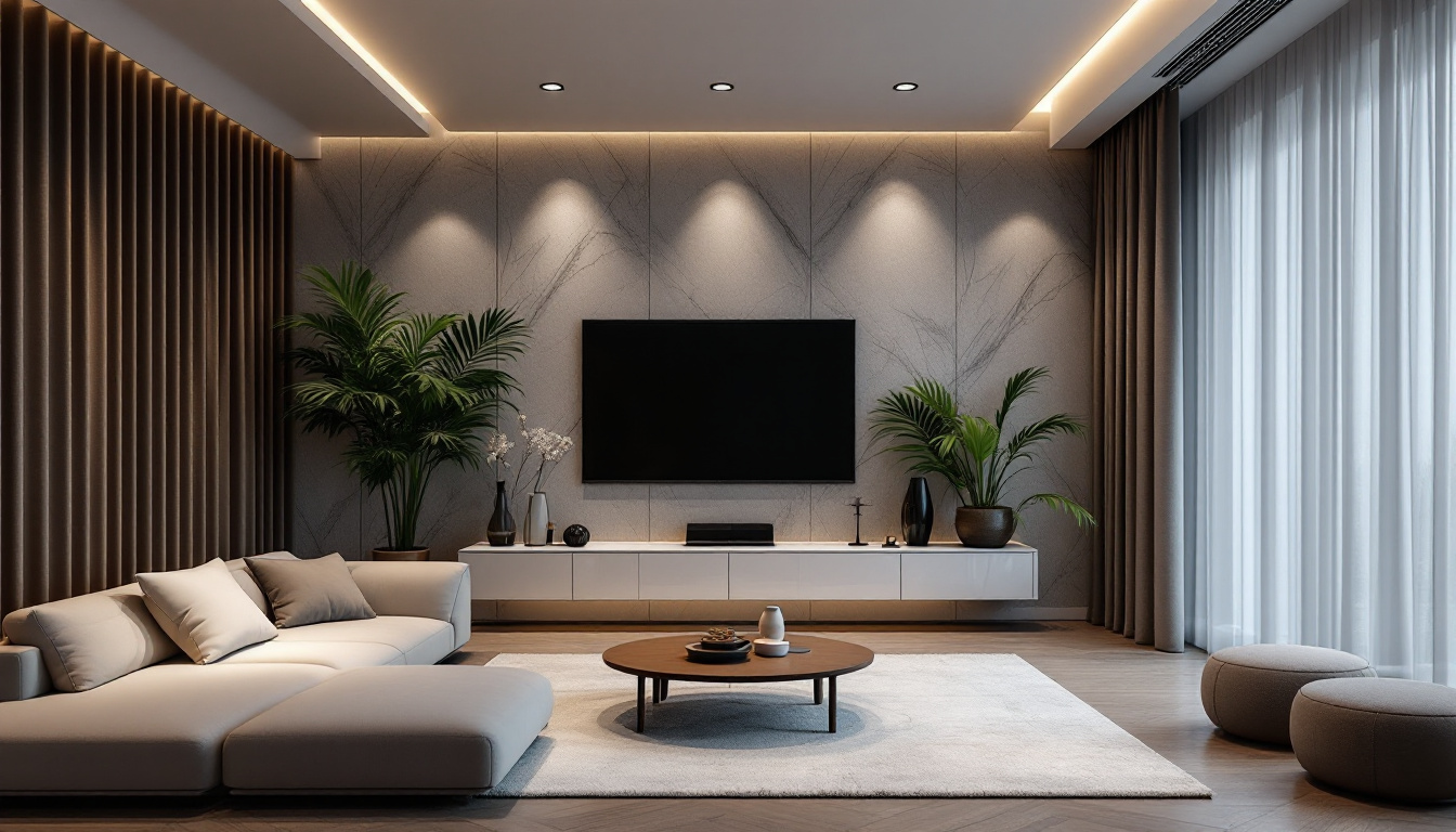 A photograph of a modern living space showcasing stylish canned recessed lights in various settings