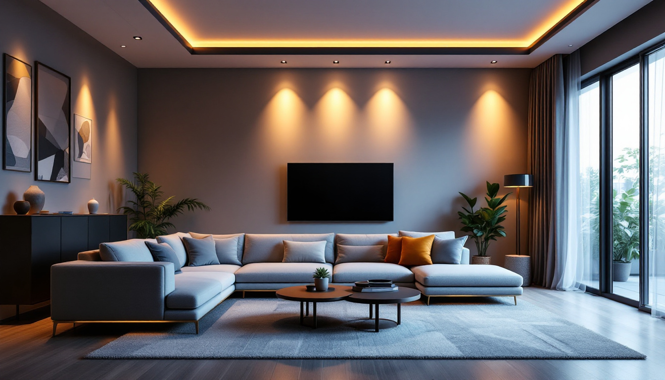A photograph of a modern living space featuring dimmable recessed led spotlights in action
