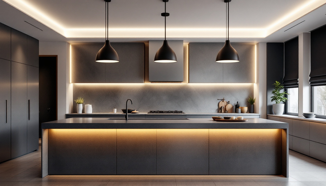 A photograph of a beautifully designed kitchen island illuminated by stylish light fixtures