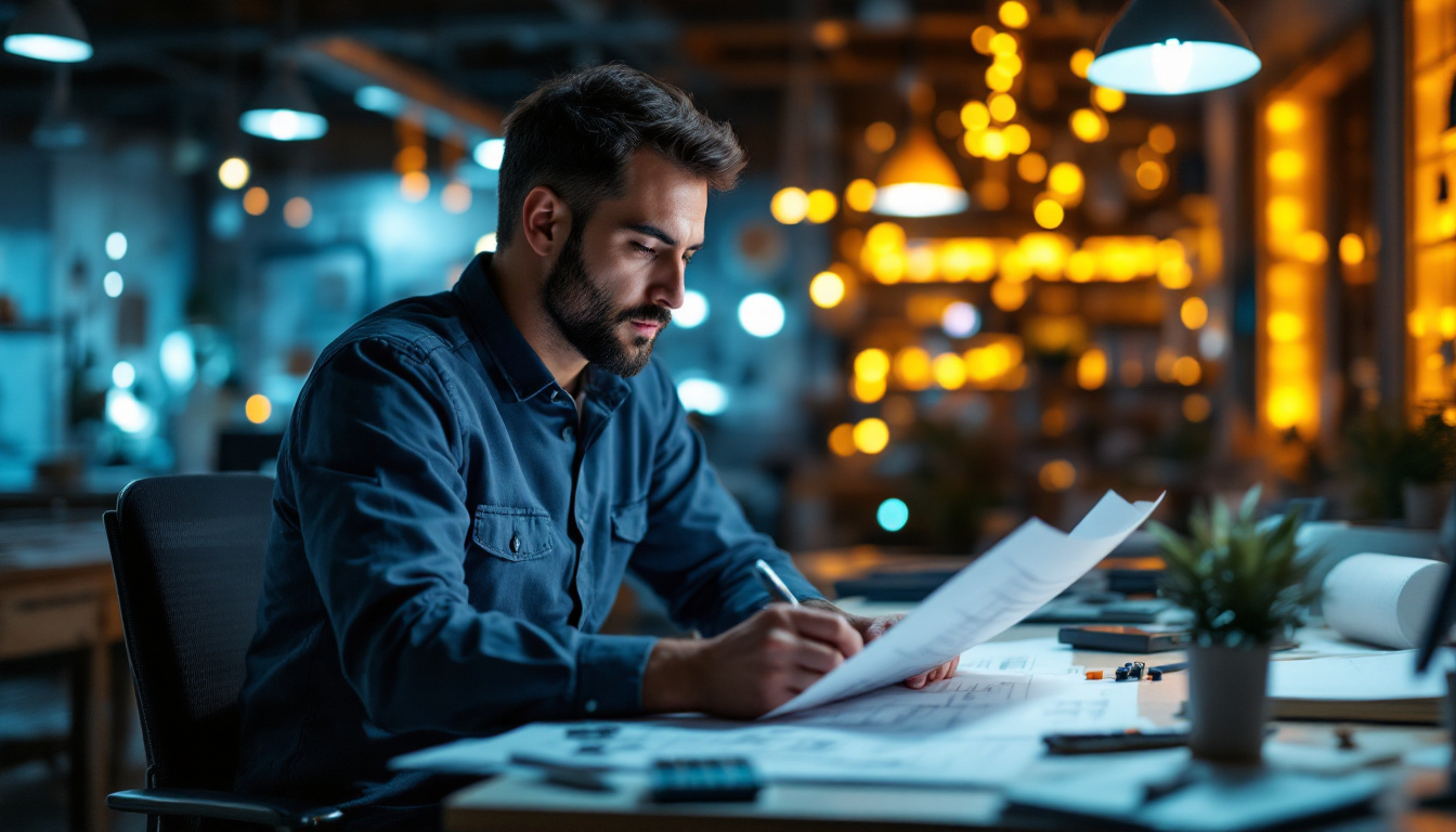 A photograph of a skilled electrical engineer working on architectural lighting plans